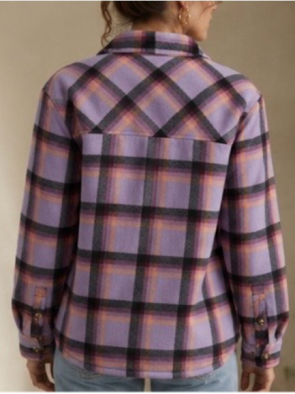 Sage Collective Faux Fur Lined Plaid Shacket Jacket Purple Pink Small Anthro - Picture 3 of 10